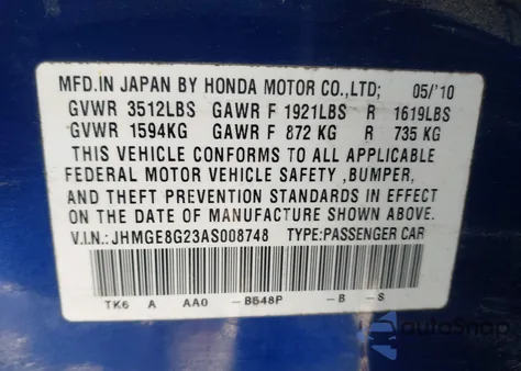 2010 Honda Fit из США, поврежденный, VIN JHMGE8G23AS008748